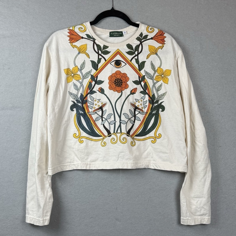 Kathmandu Imports Sz L Long Sleeve Cropped Shirt Center Eye Floral Graphic